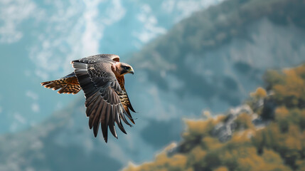 Obraz premium A bird is flying high in the sky above a mountain range