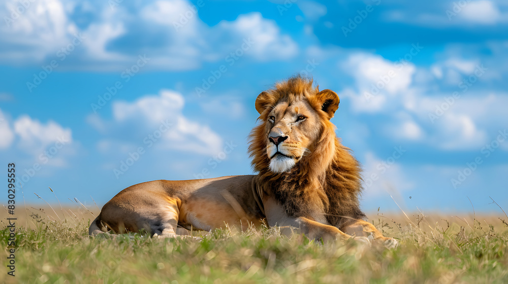 Wall mural A lion is laying in the grass in a field