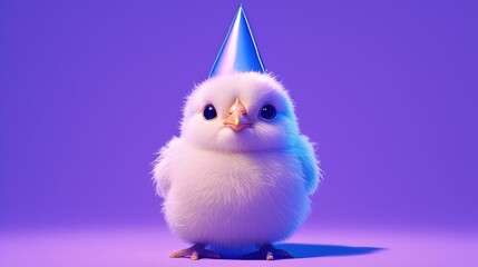 A lone adorable white chick sporting a charming blue party hat gazes directly at the camera against a vibrant purple backdrop