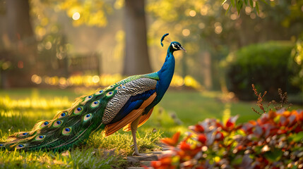 Obraz premium A peacock is standing in a field of grass
