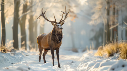 A deer stands in the snow with its antlers raised