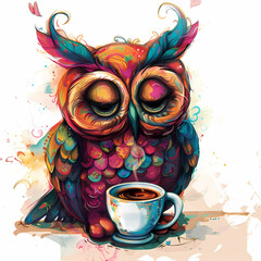 Vividly Colored Sleepy Cartoon Owl with a Steaming Cup of Coffee in an Abstract Background, Multicolored Feathers, Whimsical and Playful Art