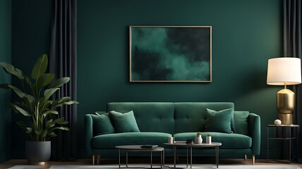 Living Room Mockup with Dark Green Sofa and Emerald Walls, Spacious Gallery Space and Deep Accent Background in a Modern Premium Design - 3D Rendering