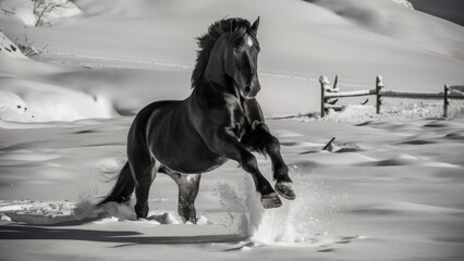 A majestic black stallion standing proudly in the middle of untouched snow.