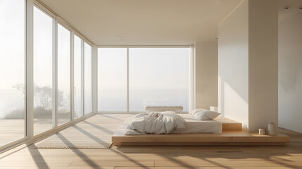 A bedroom with a large window and a white bed