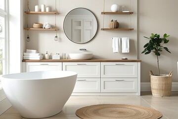 a image of a bathroom with a large white bathtub and a round mirror