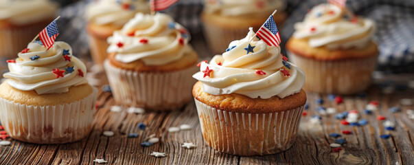 An arrangement of vanilla cupcakes with fluffy white frosting decorated with American flags and colorful star sprinkles on a rustic wooden table - Powered by Adobe