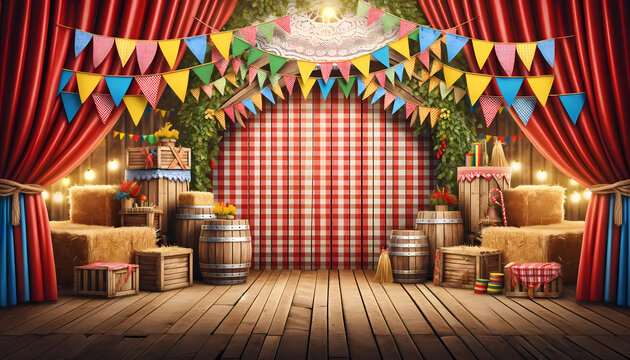 Palco 3d realista com bandeirinha para expor produtos de festa junina