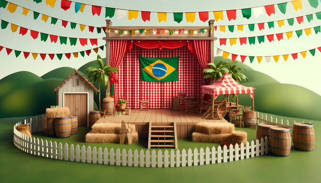 Palco 3d realista com bandeirinha para expor produtos de festa junina