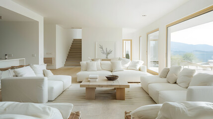 A large white living room with a white couch and a white coffee table