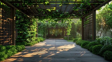 Obraz premium Explore a serene oasis with a wooden pergola car cover featuring hanging plants in pots, creating a suspended garden effect