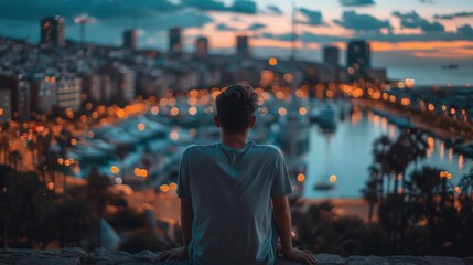 Man sitting on a high wall overlooking a cityscape and harbor at dusk, with the city lights starting to glow. - Powered by Adobe