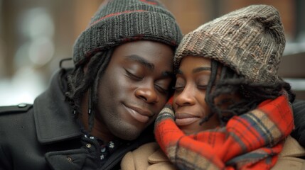 Obraz premium A happy black man in winter attire sitting and affectionately stroking a woman's hair, both smiling contentedly.