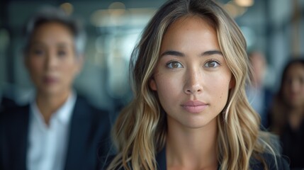 Fototapeta premium A focused woman in the foreground with two colleagues out of focus behind her during a meeting.