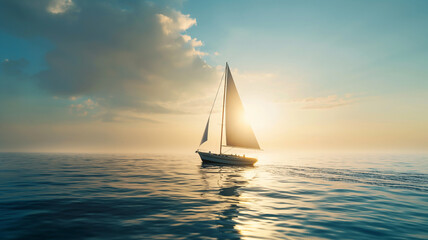 Picturesque view of sailboat cruising at sunset. Summer concept background.