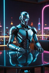 Naklejka premium Cyberpunk Robot Sitting at a Table