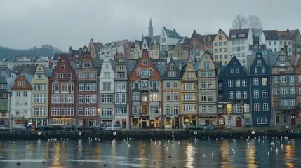 Obraz premium Row of colorful, historical townhouses along a water canal in Hamburg, Old Town under a cloudy sky.