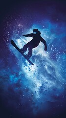 Skier in the air with snowboard in front of a blue background, sport background