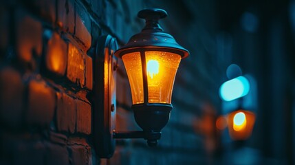 Illuminated street lanterns cast a warm glow on a brick wall at dusk, creating a cozy atmosphere.