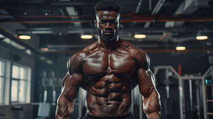 Muscular man flexing in gym, wet skin, defined muscles, industrial background.