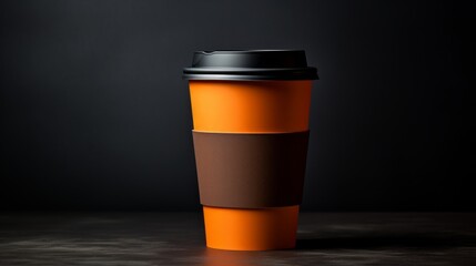 Orange paper coffee cup on dark background.