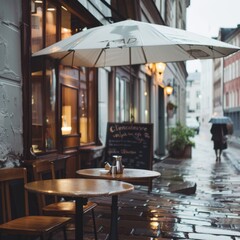 A couple of tables with umbrellas are outside a cafe