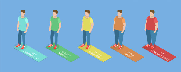 3D Isometric Flat Vector Illustration of Body Mass Index, BMI Classification Chart