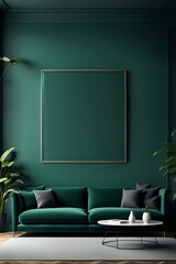 Living Room Mockup with Dark Green Sofa and Emerald Walls, Spacious Gallery Space and Deep Accent Background in a Modern Premium Design - 3D Rendering