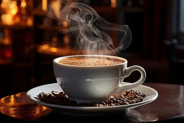 Fototapeta premium Coffee cup and coffee beans on wooden table in coffee shop