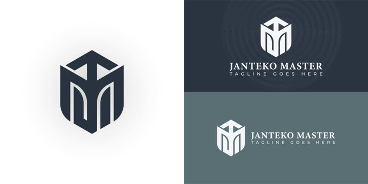 Abstract initial hexagon letter JM or MJ logo in deep blue color isolated on multiple background colors. The logo is suitable for personal brand sports logo design inspiration templates.