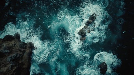 An overhead shot captures the dynamic motion blur of ocean waves swirling around jagged rocks.