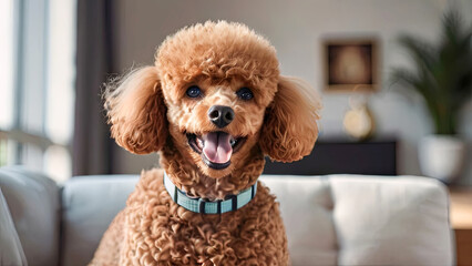 portrait of a cute poodle sitting on the sofa at home. close-up portrait of a happy pet