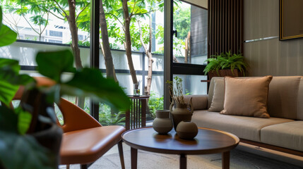 Fototapeta premium Modern Living Room with Indoor Garden View