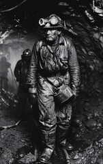 Fototapeta premium Intense Black and White Portrait of a Coal Miner Covered in Soot and Sweat, Wearing a Helmet, Capturing the Harsh Reality and Determination in Mining Work