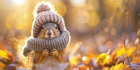 Fototapeta premium Cute funny squirrel wearing knitted hat and scarf on cold autumn day in a forest.