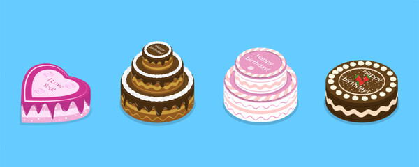 3D Isometric Flat Vector Set of Cakes , Pastry Sweet Cream Pies