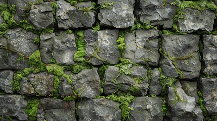 Fototapeta premium Close-up shot showcasing the aged character of an 18th-century stone wall, with moss-covered cracks and subtle hues of weathering.