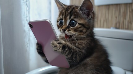 A very surprised kitten sits on the toilet and looks at a smartphone