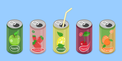 3D Isometric Flat Vector Set of Soda Drinks, Soft Beverages Cans