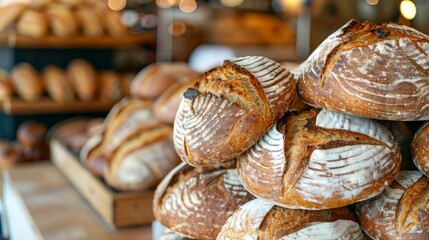 Several freshly baked sourdough bread loaves with a golden crust, stacked in an artisan bakery.