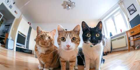 Group of funny cats viewed through a surveillance camera installed in a living room. Cat gang...