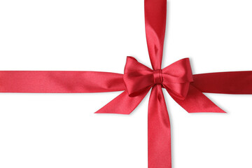 Red satin ribbon with bow on white background, top view