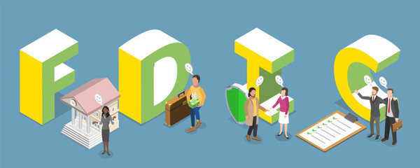 3D Isometric Flat Vector Illustration of FDIC as Federal Deposit Insurance Corporation, Consumer-protection of Financial Institutions