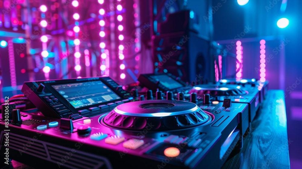 Poster a dj at work, blending beats on a chic mixing station with a tablet on top, creating an electrifying