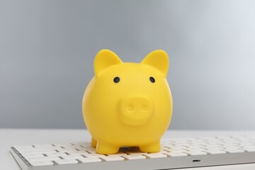 Yellow piggy bank and keyboard on white table