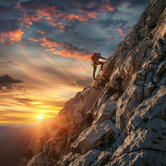 Rock Climber Ascending a Steep Cliff at Sunset