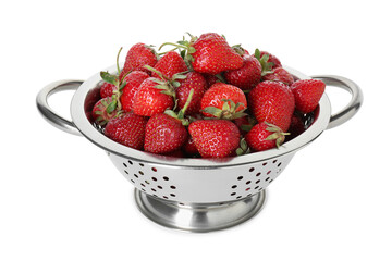 Metal colander with fresh strawberries isolated on white