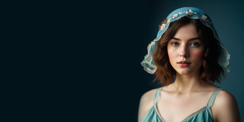 A woman in a blue shawl and a dress with straps on a dark background.