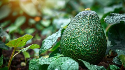 Close-up of a ripe avocado on the ground, surrounded by green leaves with water droplets, in a cinematic style.