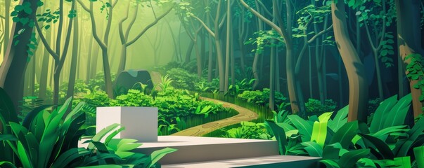 Eye-catching pop-art styled mockup pedestal in a vibrant forest scene